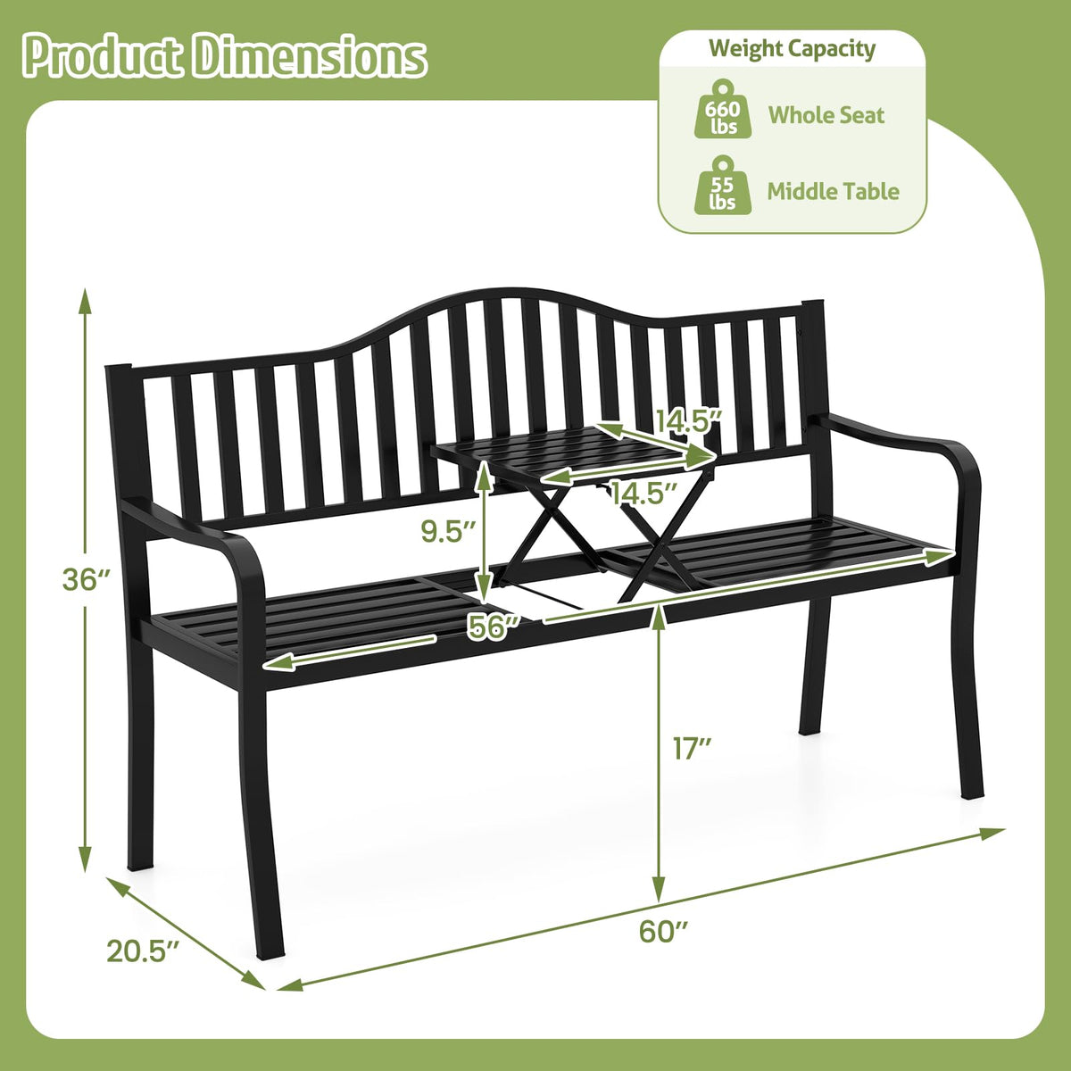 60” Metal Outdoor Garden Park Bench E95189