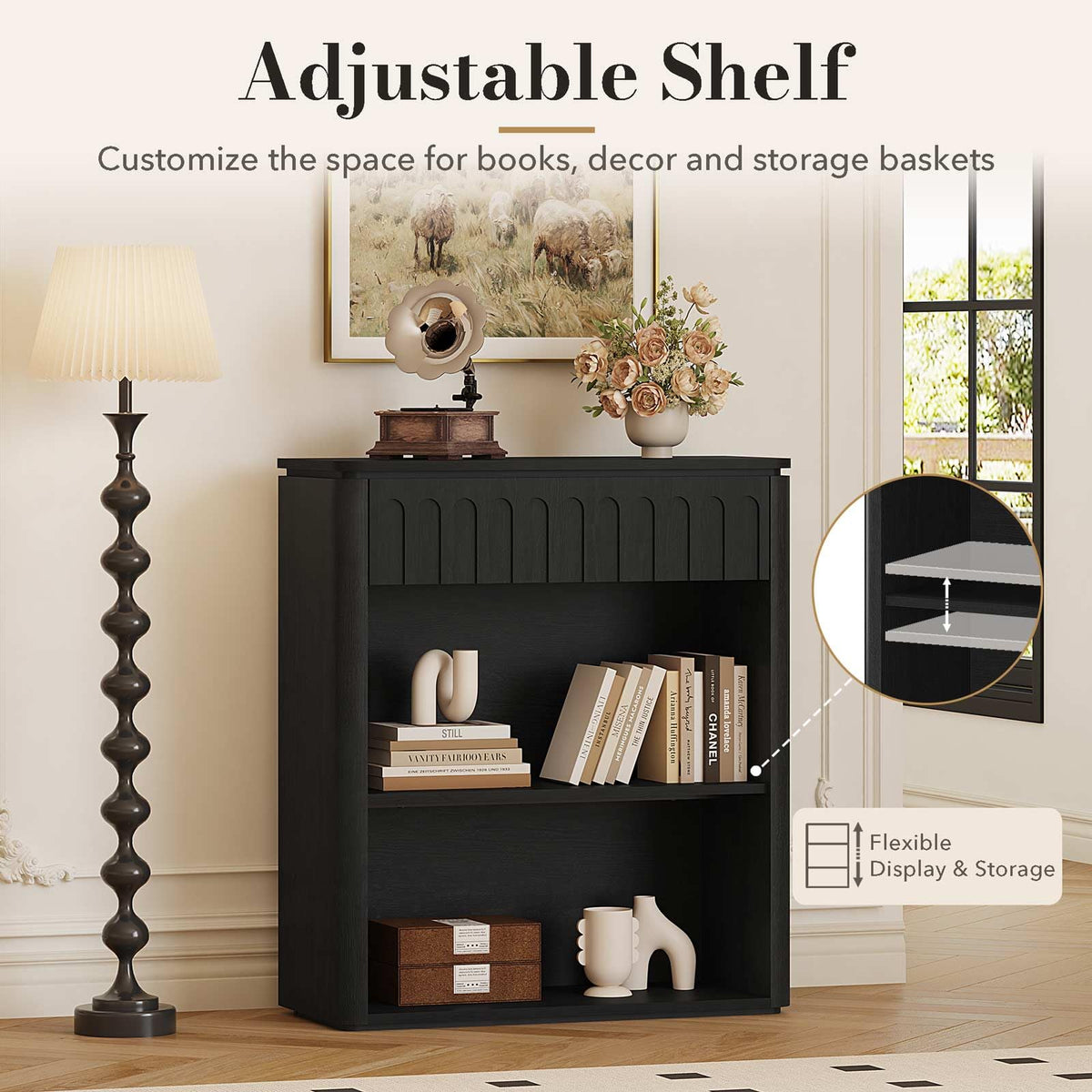 Black Wood Grain Console Table and 3 Tier Bookshelf Set B6128