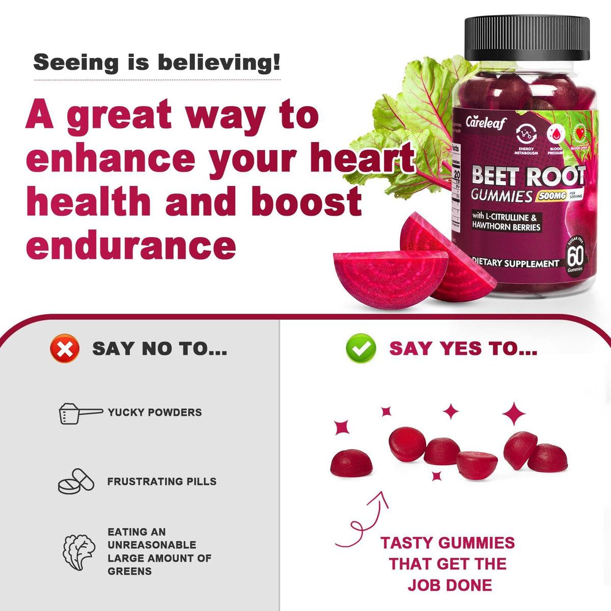 Sugar-Free Vegan Beet Root Gummies with L-Citrulline & Hawthorn Extract, 60 Count X241499