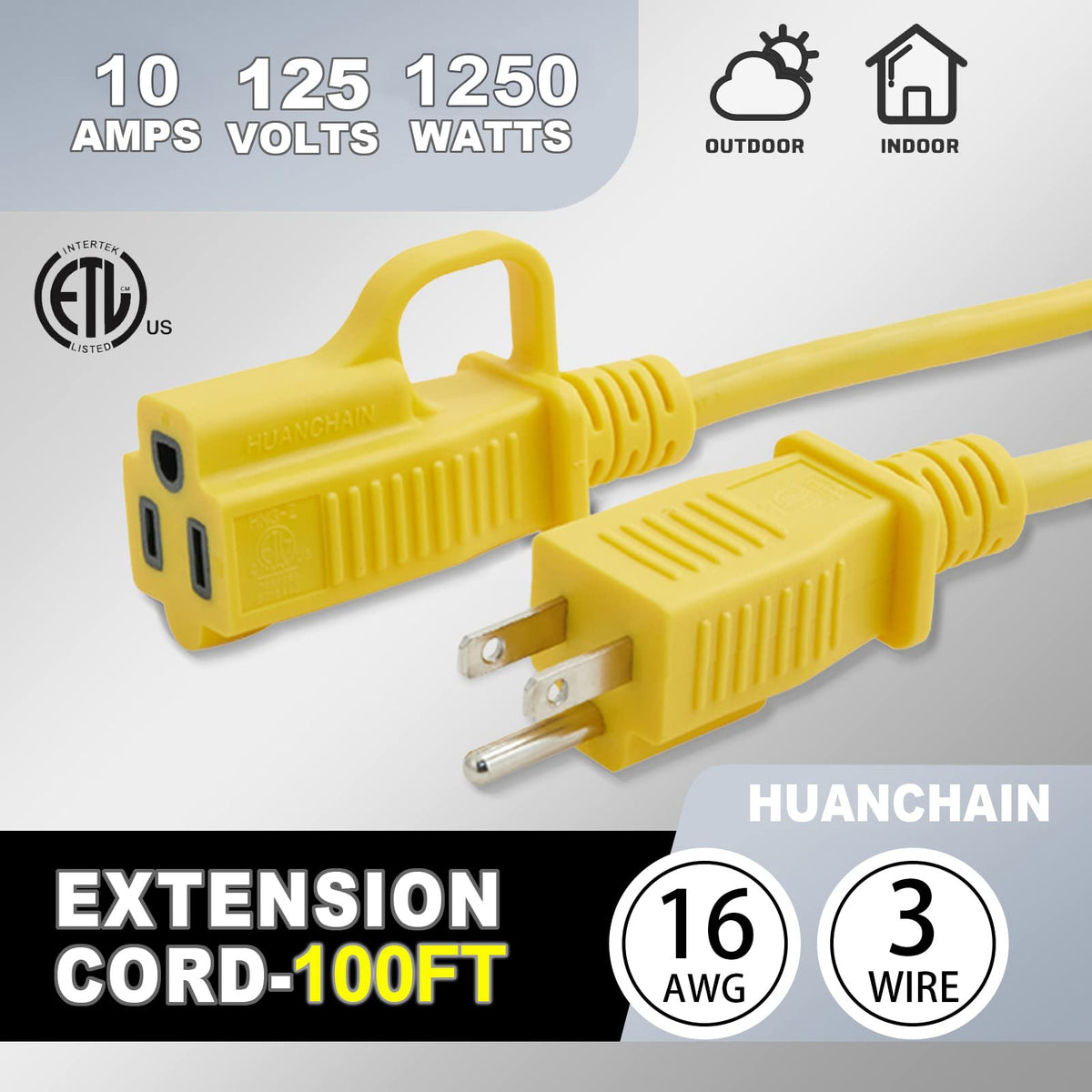 Yellow Indoor Outdoor Extension Cord 100 FT 16/3 Gauge J899