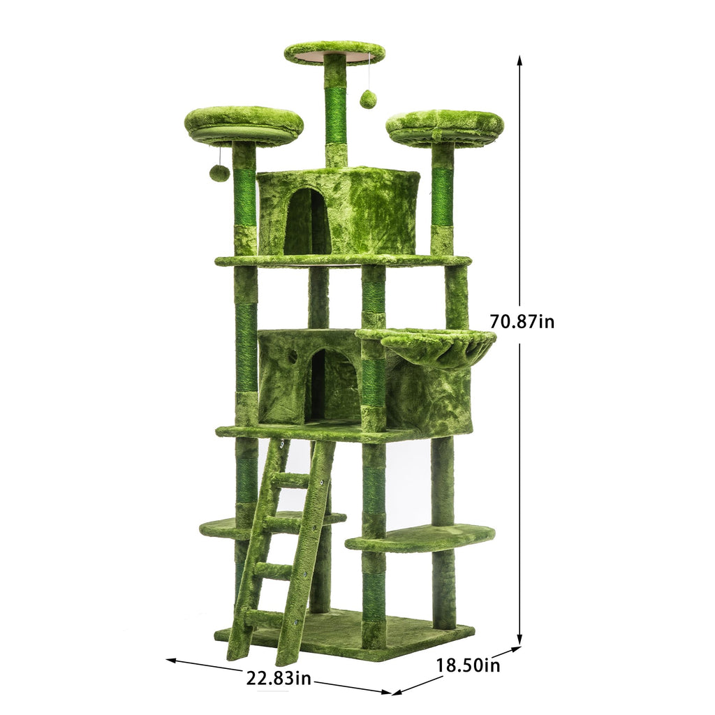 70.87" Green Multi-Level Cat Tree with Condos and Hammock B1550