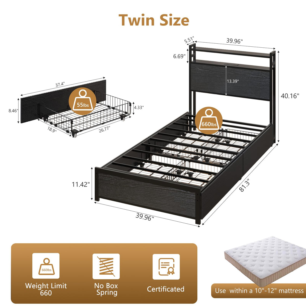 Black Twin Size Metal Bed Frame with 4 Drawers and Storage Headboard O45406