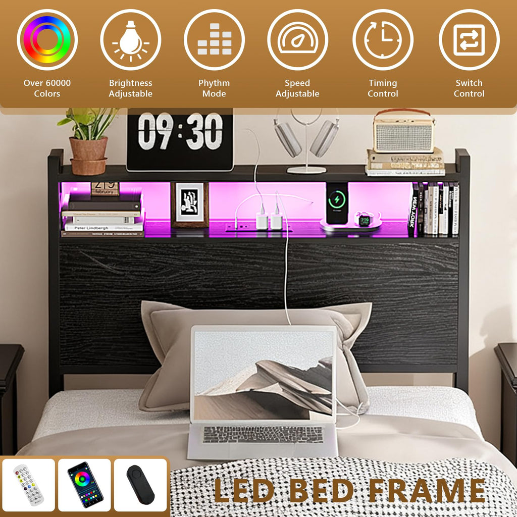 Black Twin Size Metal Bed Frame with 4 Drawers and Storage Headboard O45406
