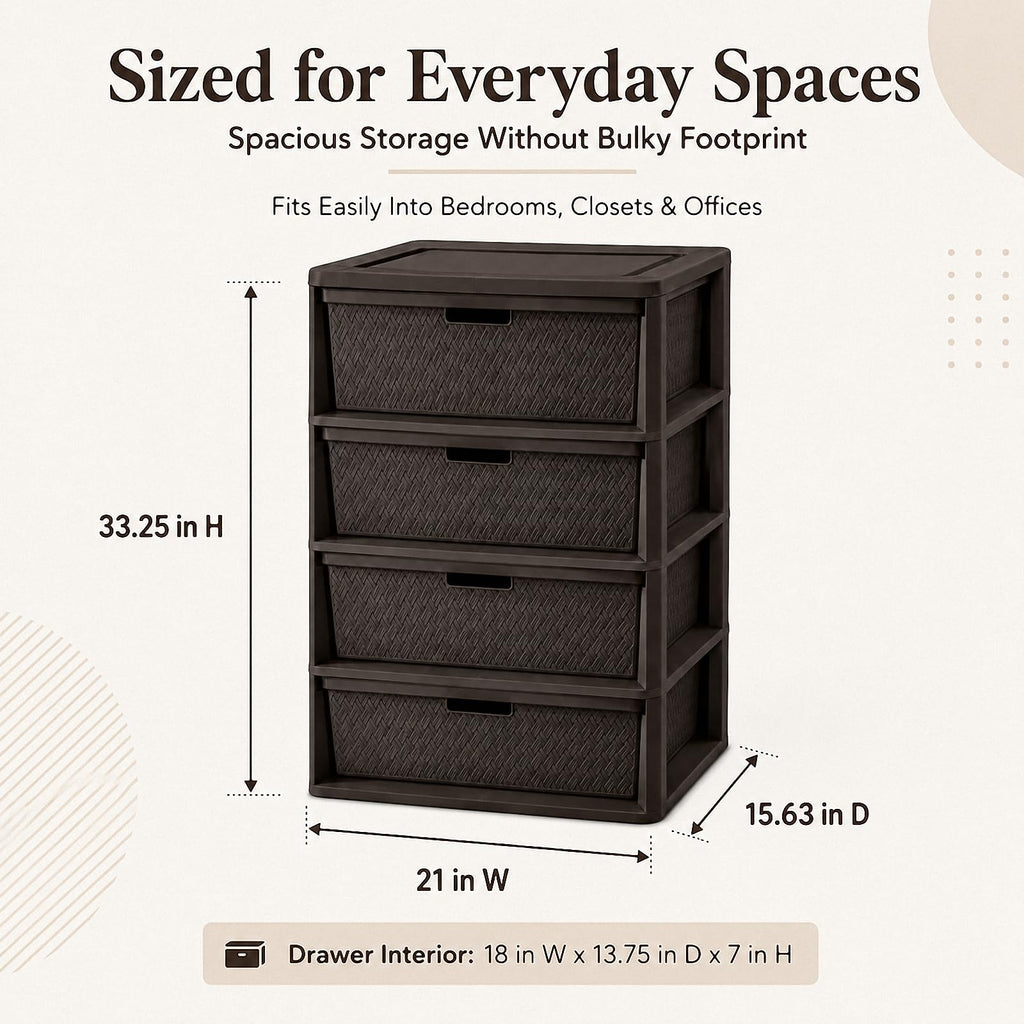 4 Drawer Plastic Storage Tower with Brown Weave Bins A999353