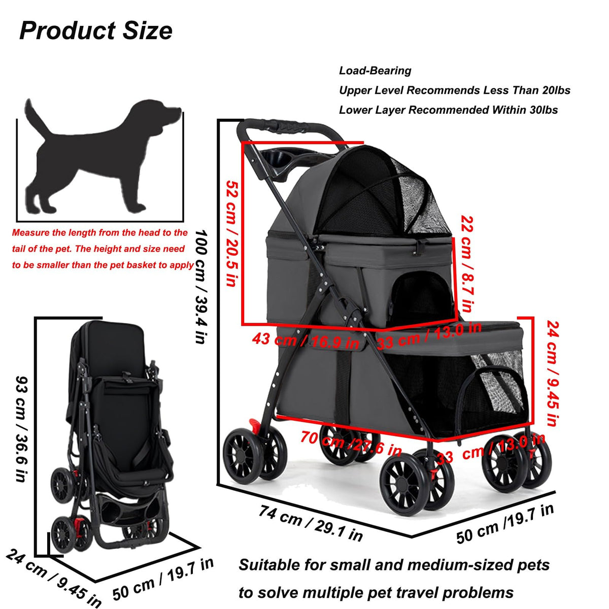 Double Dog Stroller for Medium Small Dogs and Cats H5481