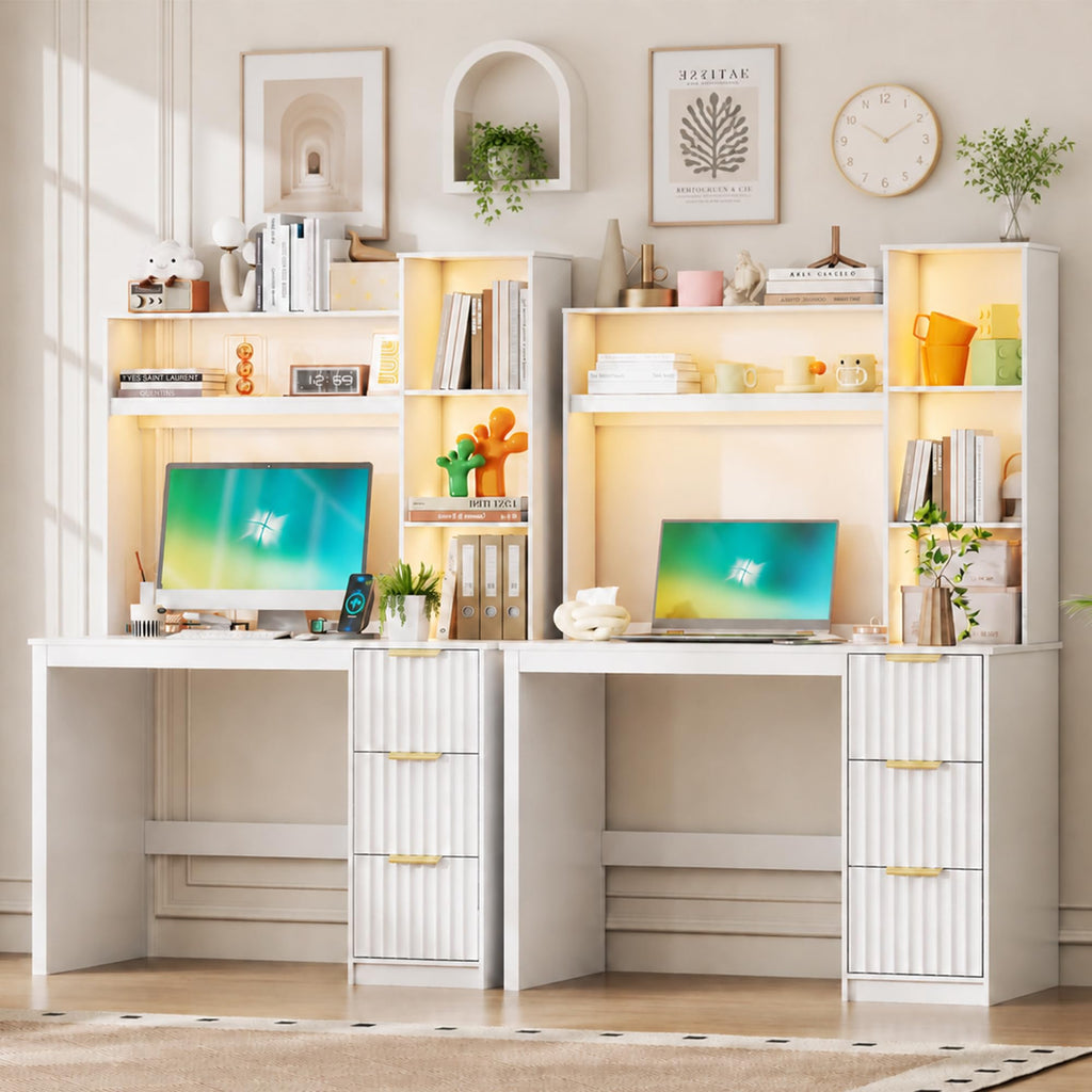 White Home Office Desk with Hutch and Drawers T501
