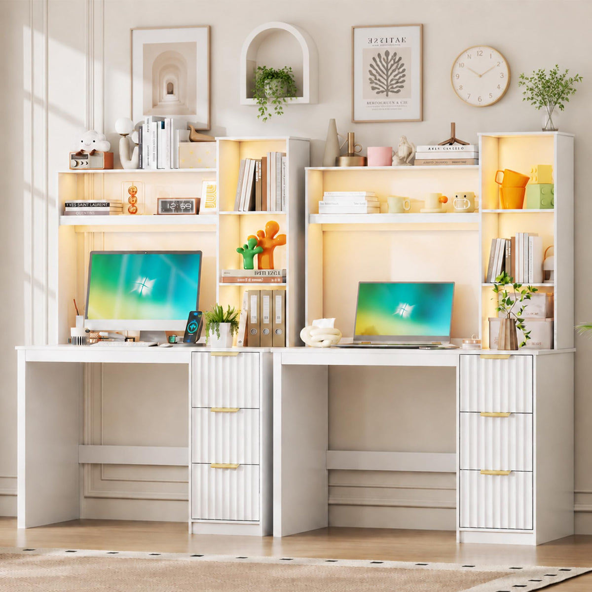 White Home Office Desk with Hutch and Drawers T501