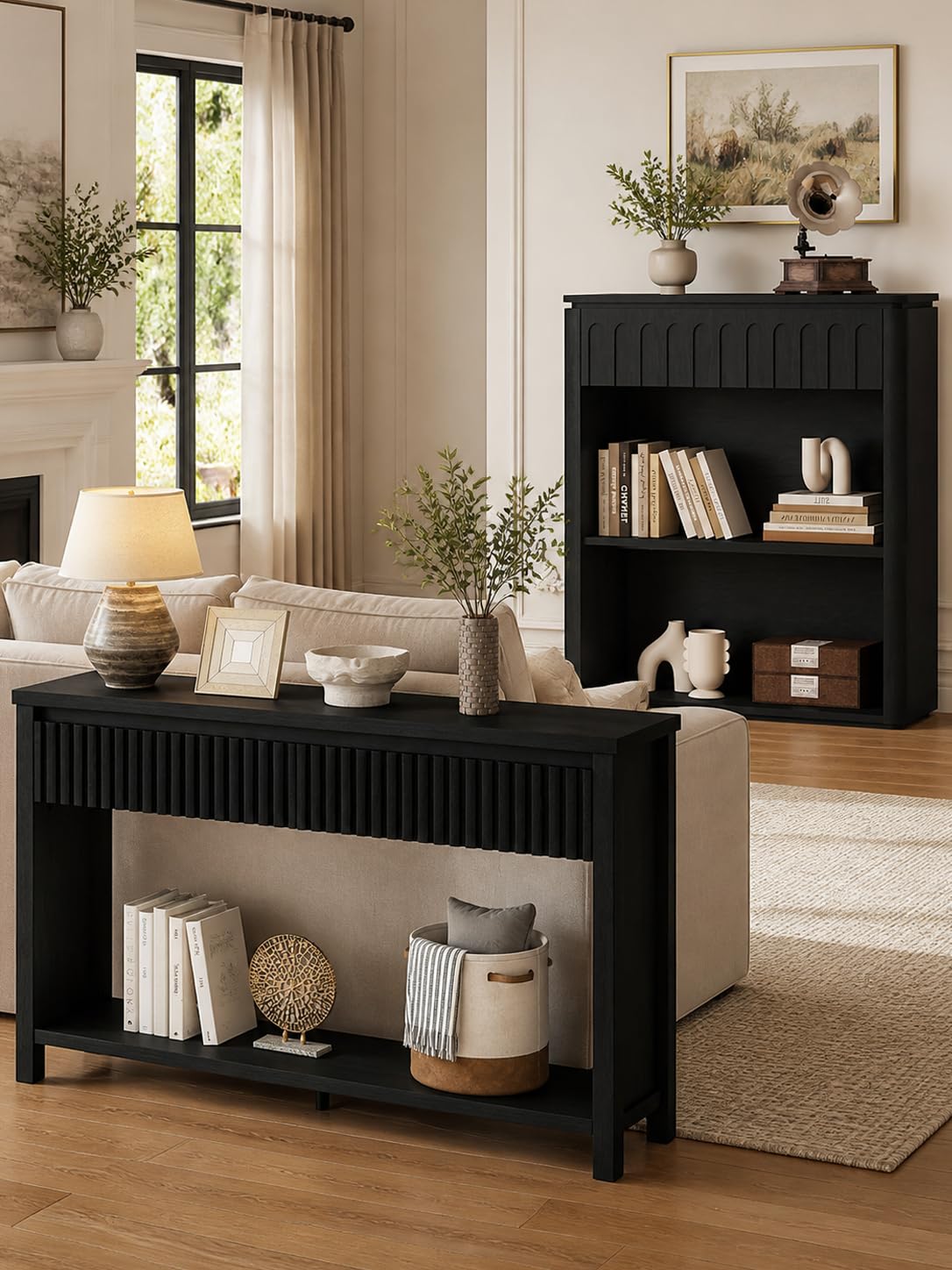 Black Wood Grain Console Table and 3 Tier Bookshelf Set B6128