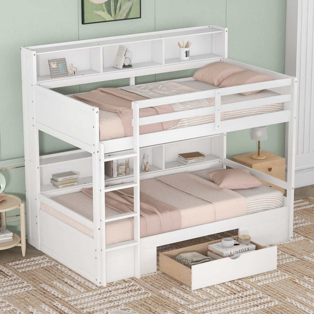 Twin Over Twin Wooden Bunk Bed with Shelves and Storage Drawer G840