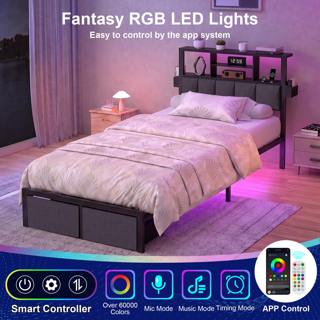 Twin Bed Frame with LED Lights, Storage Drawers and Charging Station S5178