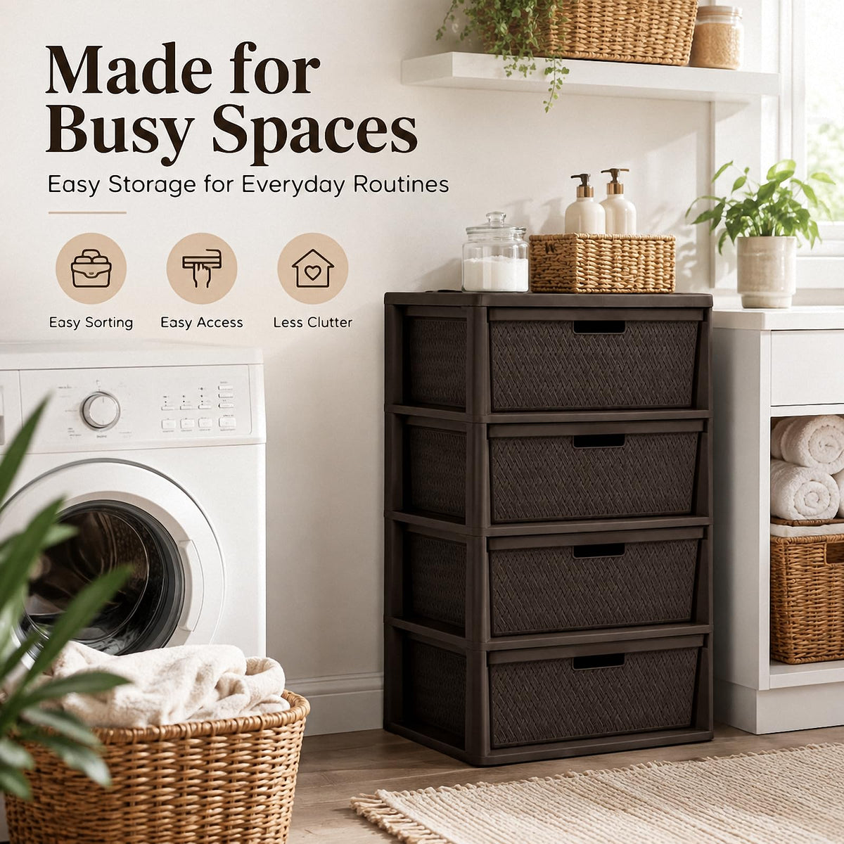 4 Drawer Plastic Storage Tower with Brown Weave Bins A999353