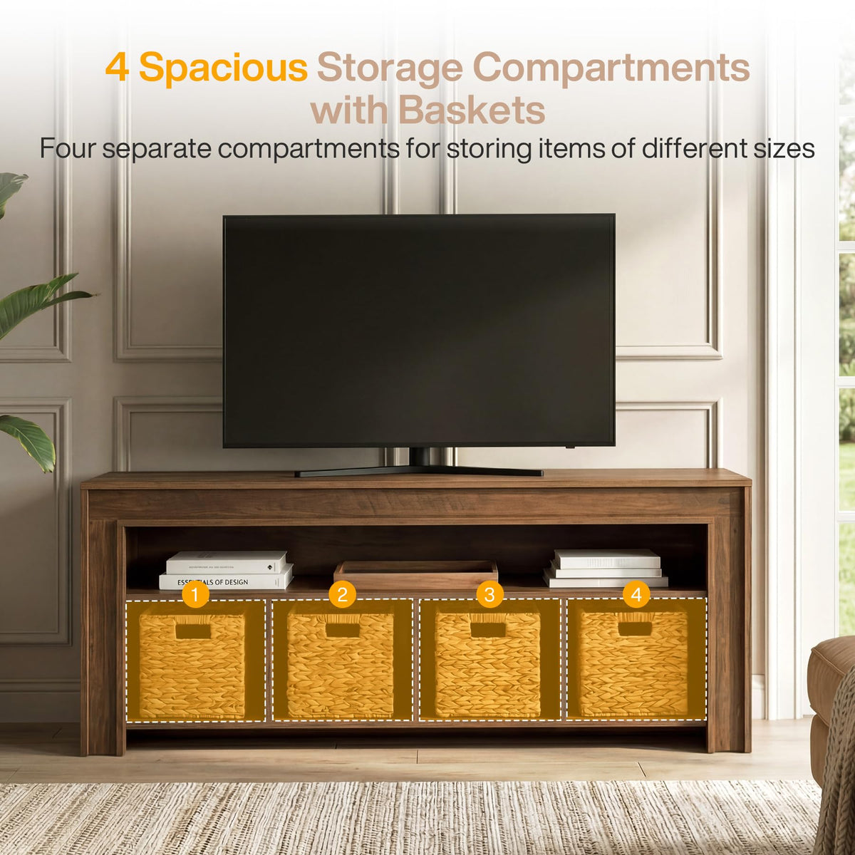 63" Wooden TV Stand with 4 Woven Baskets M39061