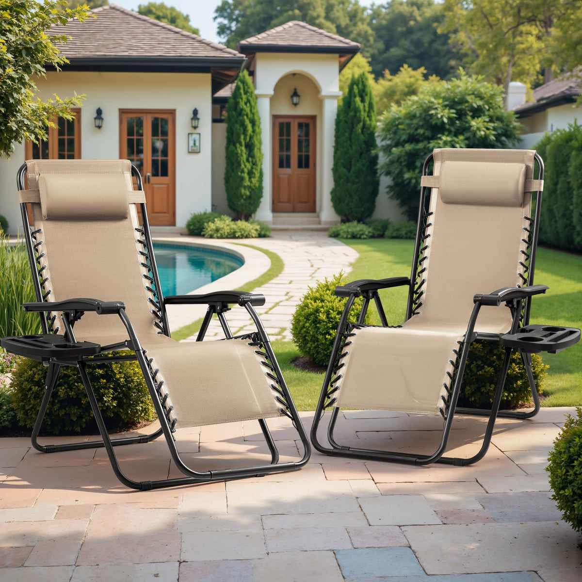 Set of 2 Beige Adjustable Steel Mesh Lounge Chairs with Cup Holder F112039