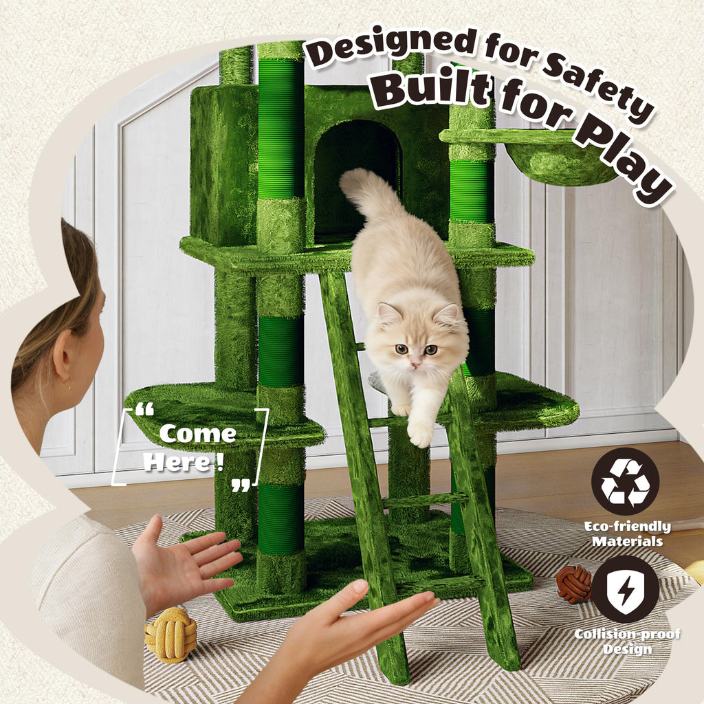 70.87" Green Multi-Level Cat Tree with Condos and Hammock B1550