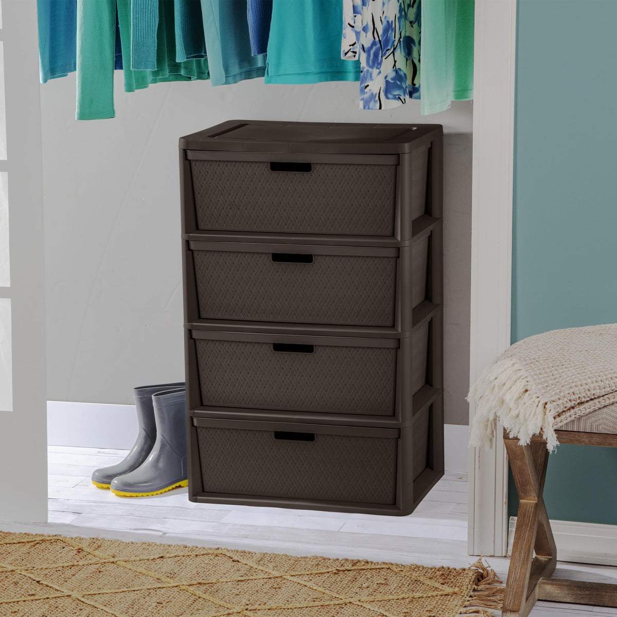 Brown 4 Drawer Plastic Storage Tower with Removable Bins T369965