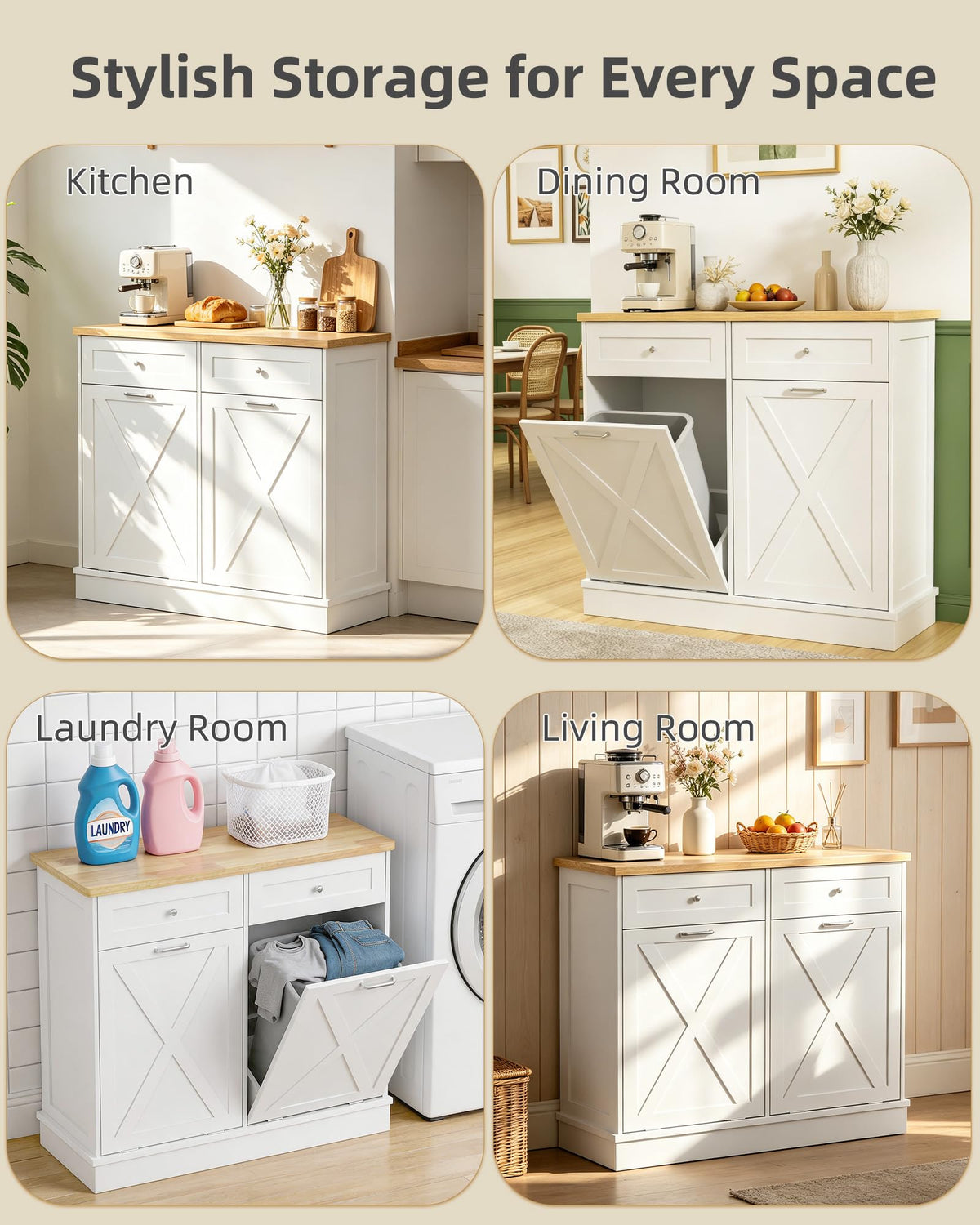 2x10 Gallon Tilt Out Trash Cabinet with Hideaway Drawers, White H198188