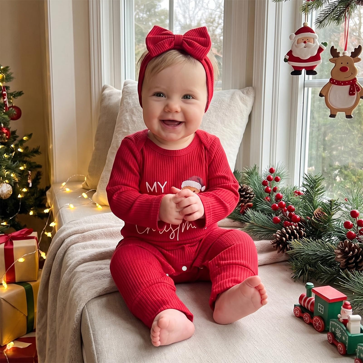 Christmas Baby Girl Long Sleeve Romper Headband A78815
