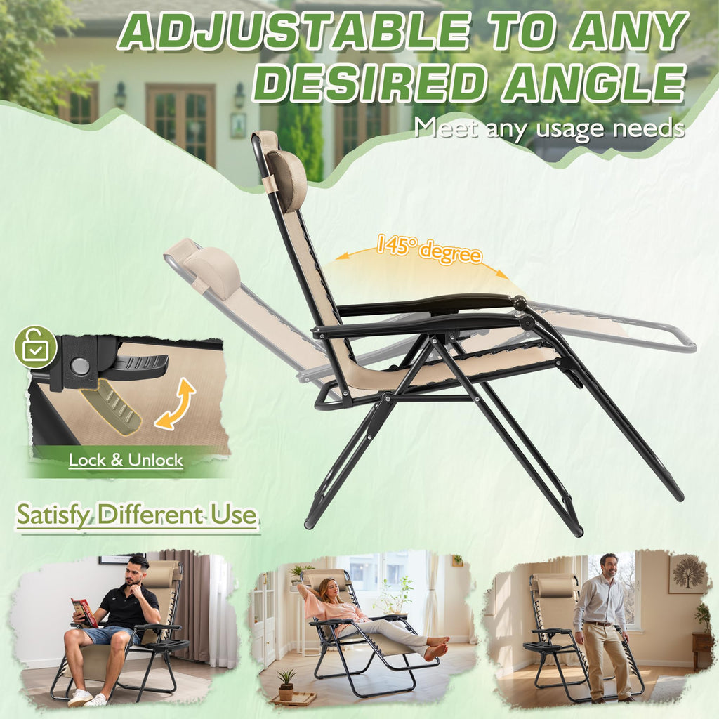 Set of 2 Beige Adjustable Steel Mesh Lounge Chairs with Cup Holder F112039