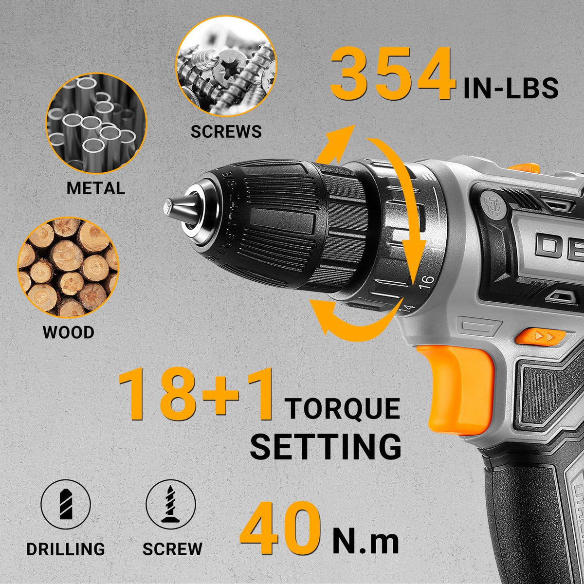 Cordless Power Drill 20V with 3/8-Inch Keyless Chuck, Variable Speed, 2 Batteries A410