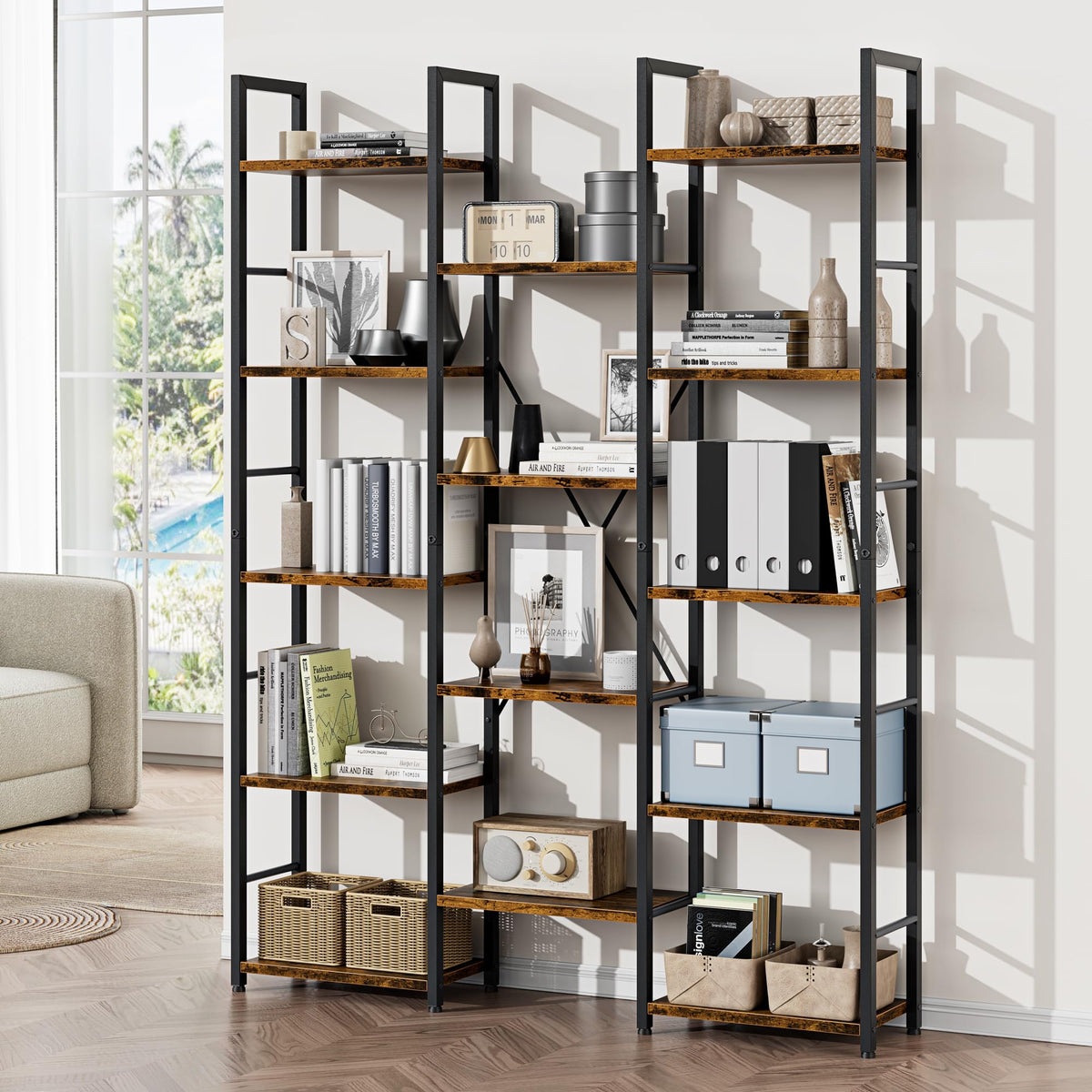 5 Tier Rustic Wood & Metal Bookshelf F979694