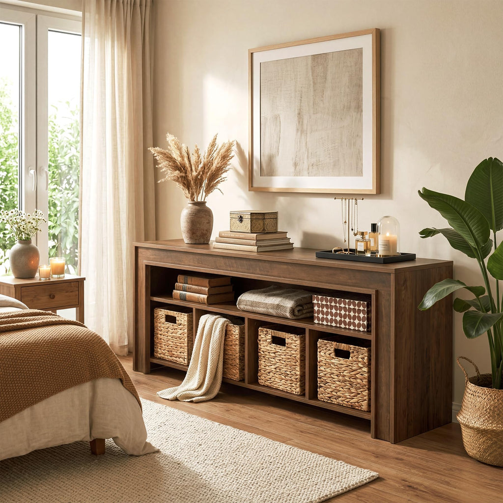 63" Wooden TV Stand with 4 Woven Baskets M39061