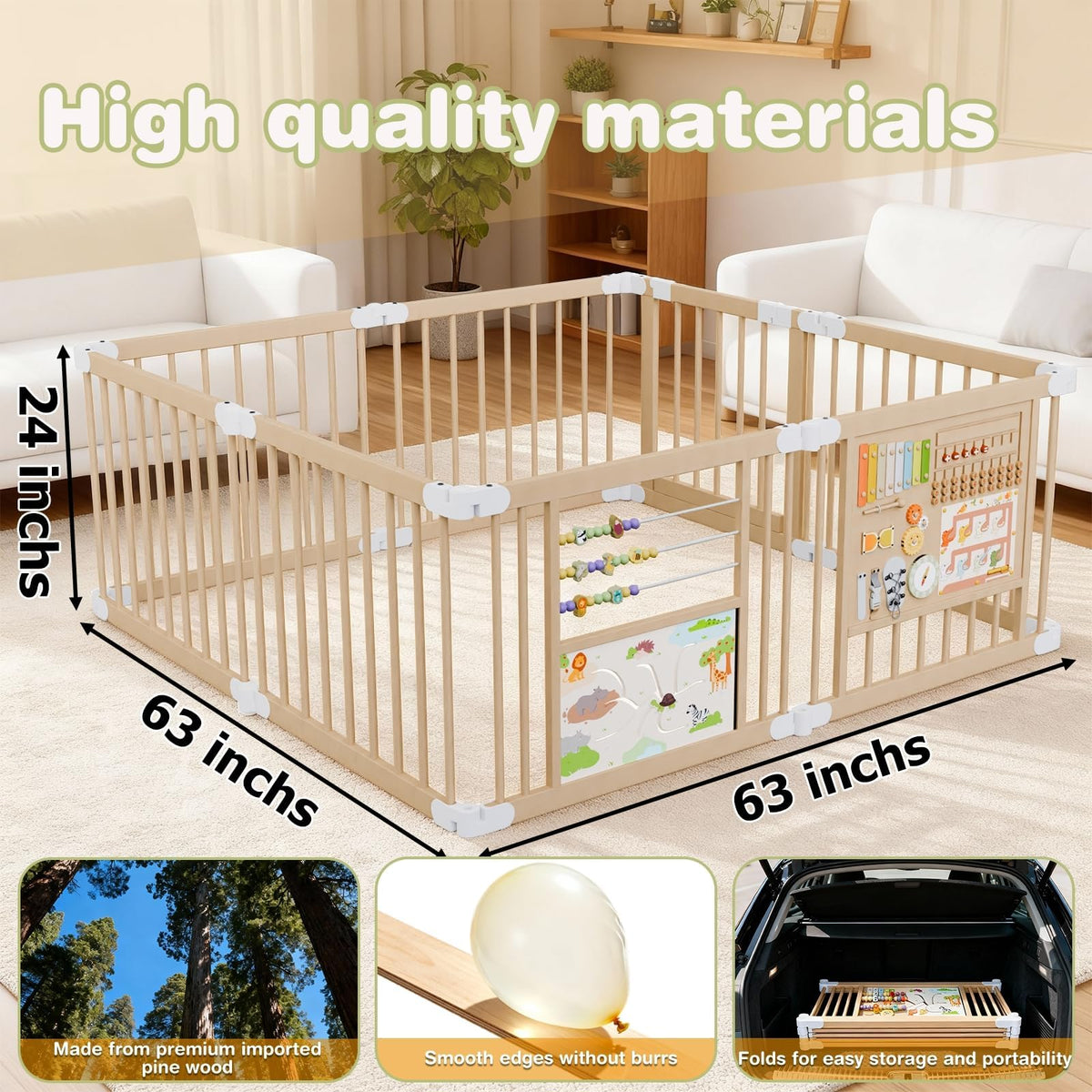 Foldable Wooden Baby Playpen with Toy Set P756236