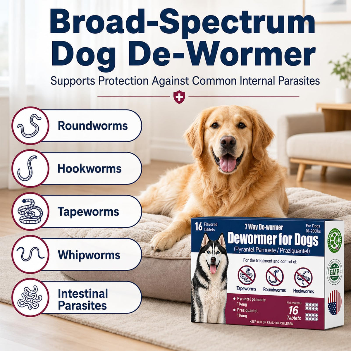 Dewormer for Dogs with Praziquantel & Pyrantel Pamoate, 16 Tablets O1348