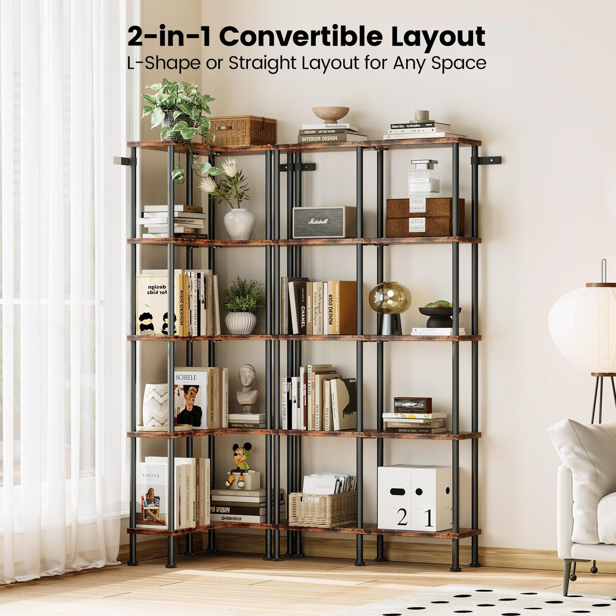 L-Shaped 5-Tier Rustic Brown Bookshelf J6605