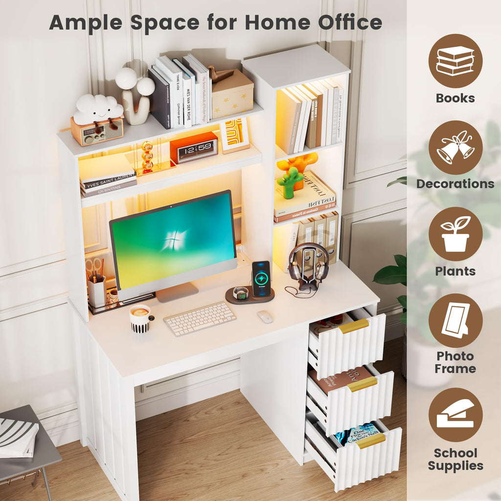 White Home Office Desk with Hutch and Drawers T501