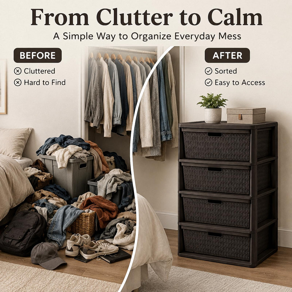 4 Drawer Plastic Storage Tower with Brown Weave Bins A999353