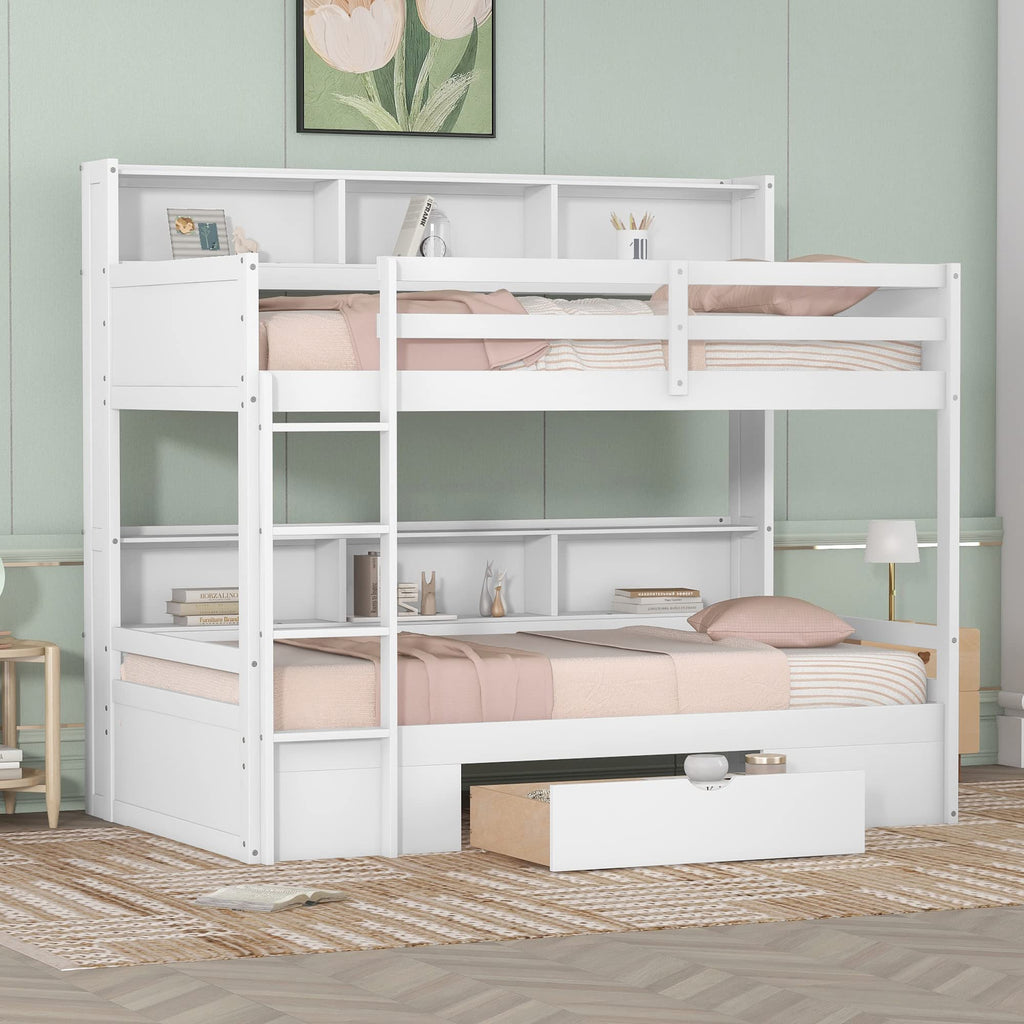 Twin Over Twin Wooden Bunk Bed with Shelves and Storage Drawer G840