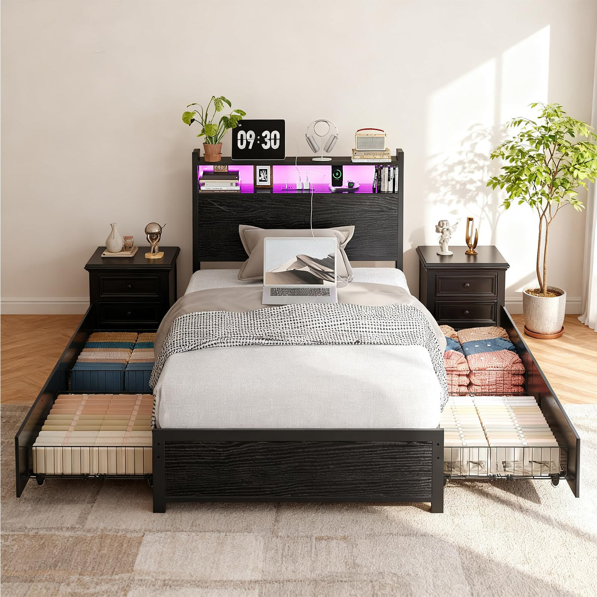 Black Twin Size Metal Bed Frame with 4 Drawers and Storage Headboard O45406