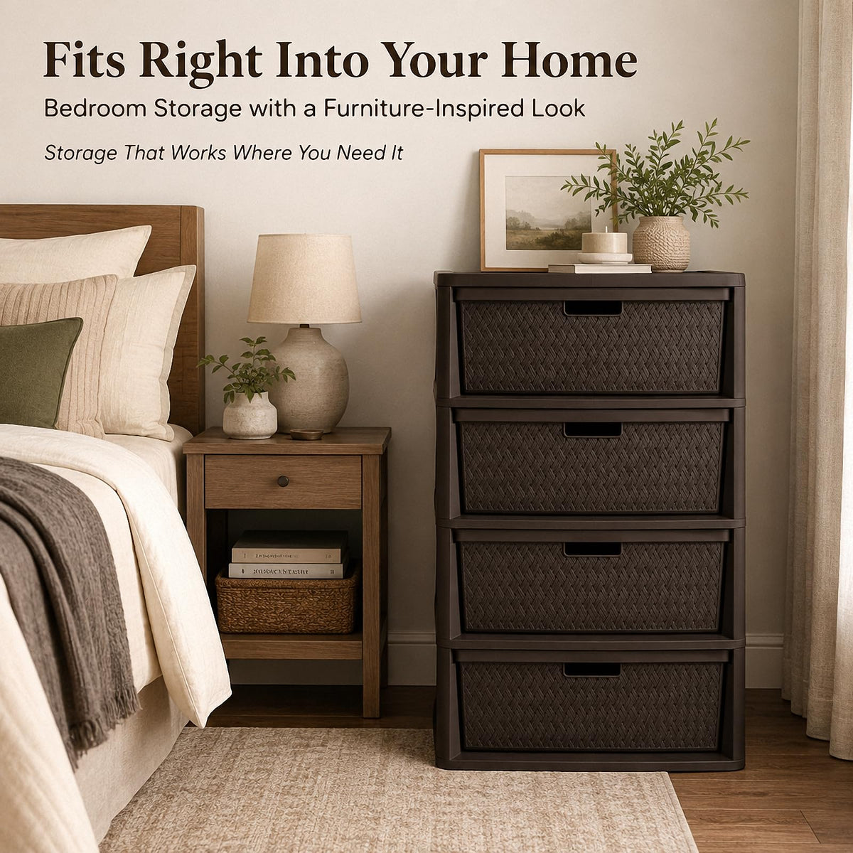 4 Drawer Plastic Storage Tower with Brown Weave Bins A999353