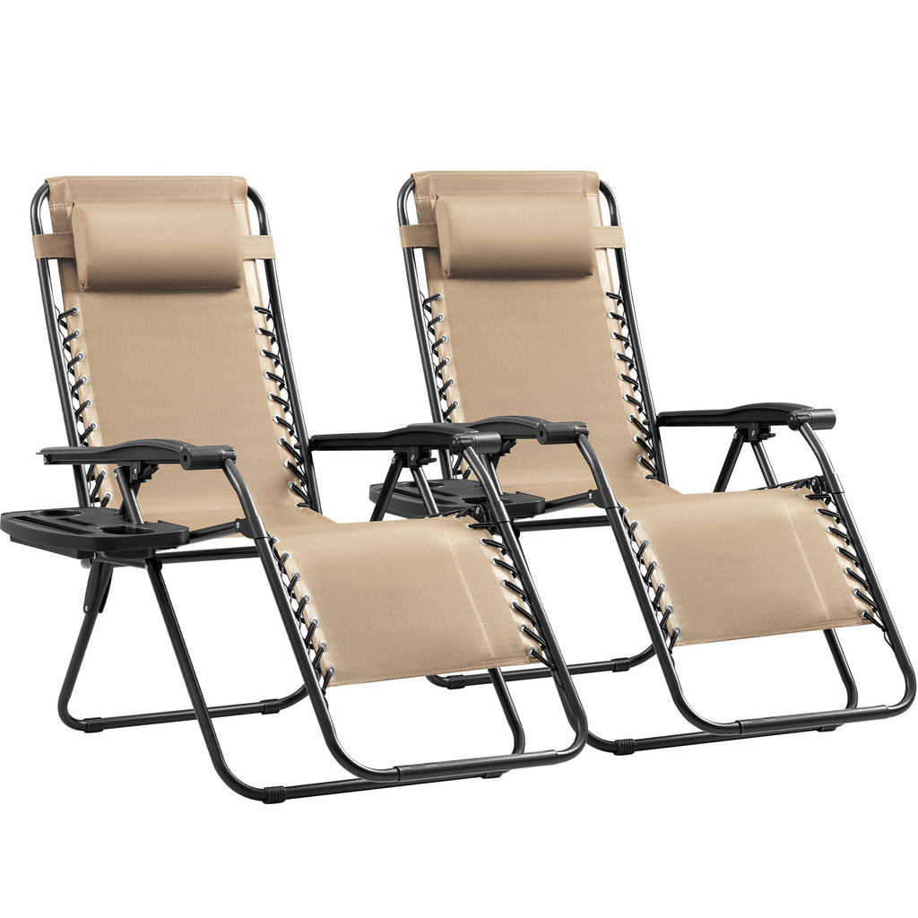 Set of 2 Beige Adjustable Steel Mesh Lounge Chairs with Cup Holder F112039