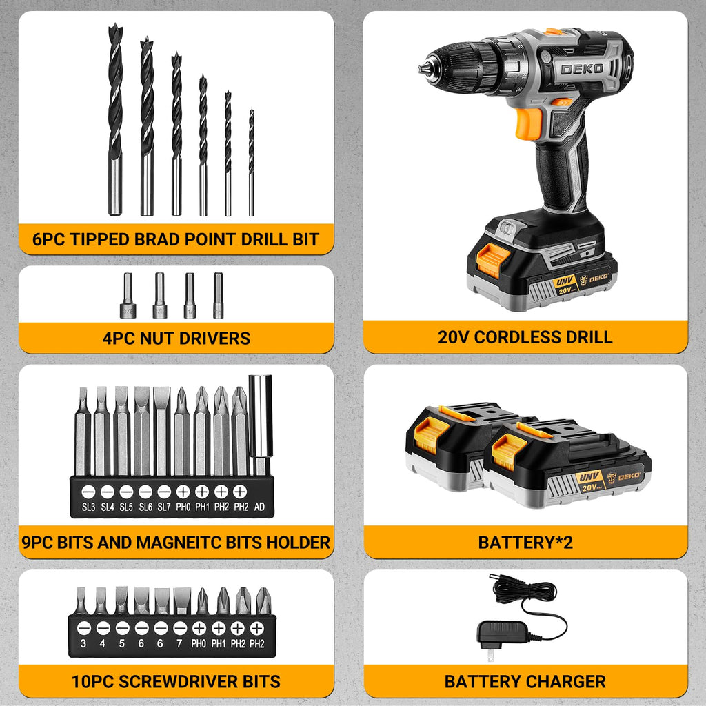 Cordless Power Drill 20V with 3/8-Inch Keyless Chuck, Variable Speed, 2 Batteries A410