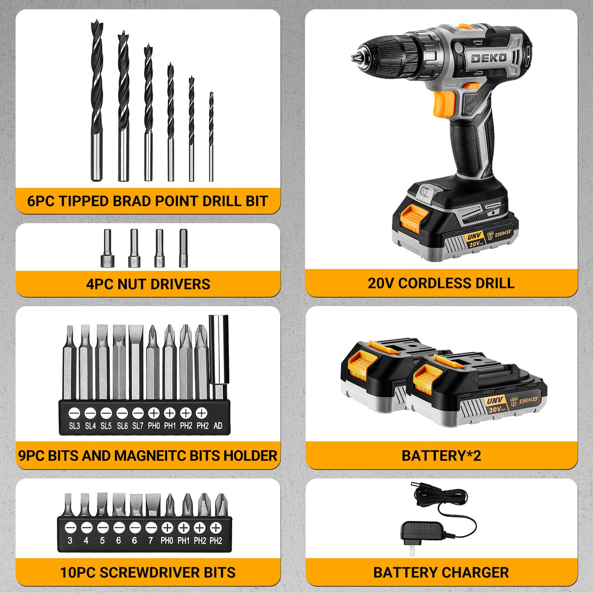 Cordless Power Drill 20V with 3/8-Inch Keyless Chuck, Variable Speed, 2 Batteries A410