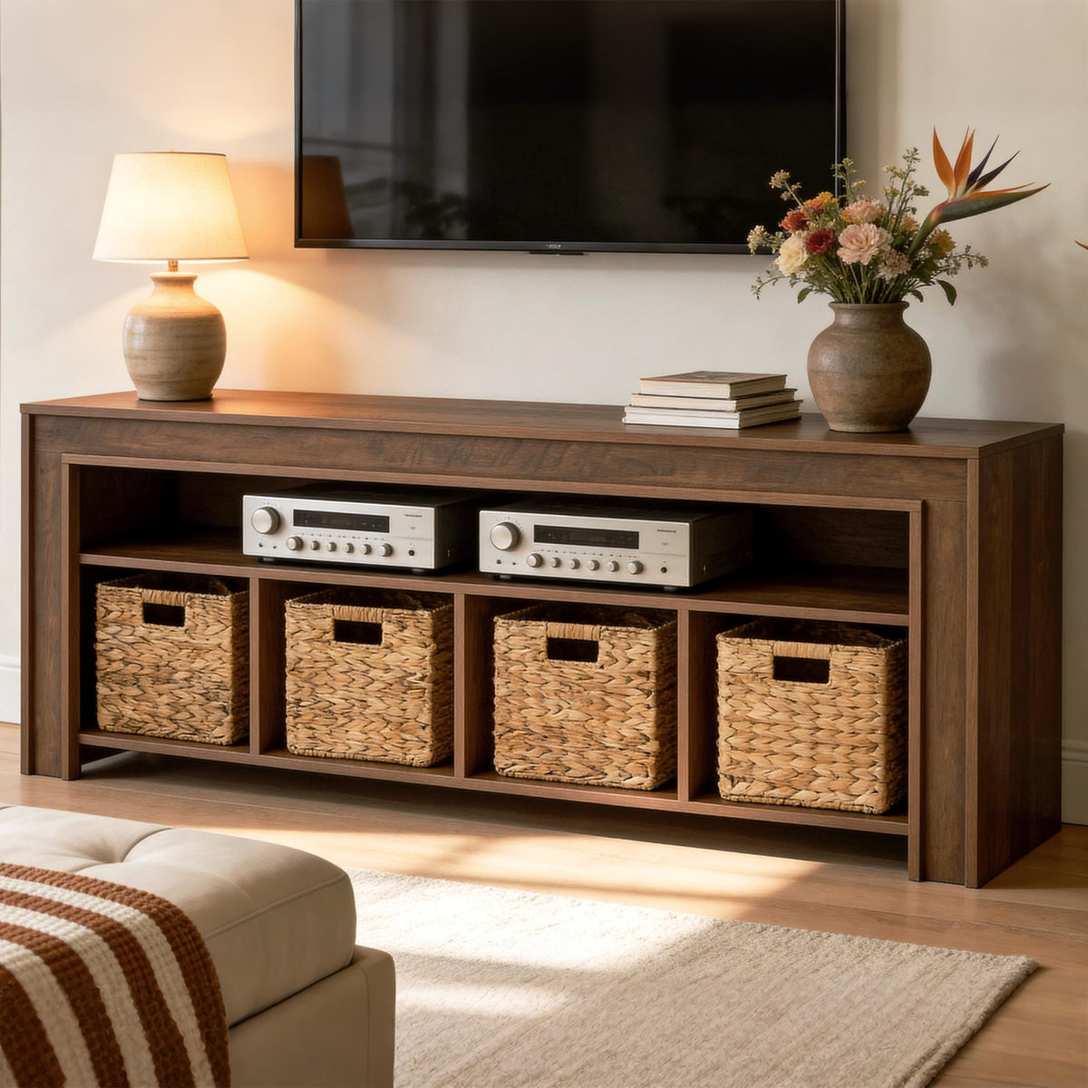 63" Wooden TV Stand with 4 Woven Baskets M39061