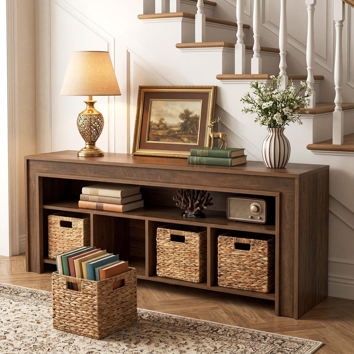 63" Wooden TV Stand with 4 Woven Baskets M39061