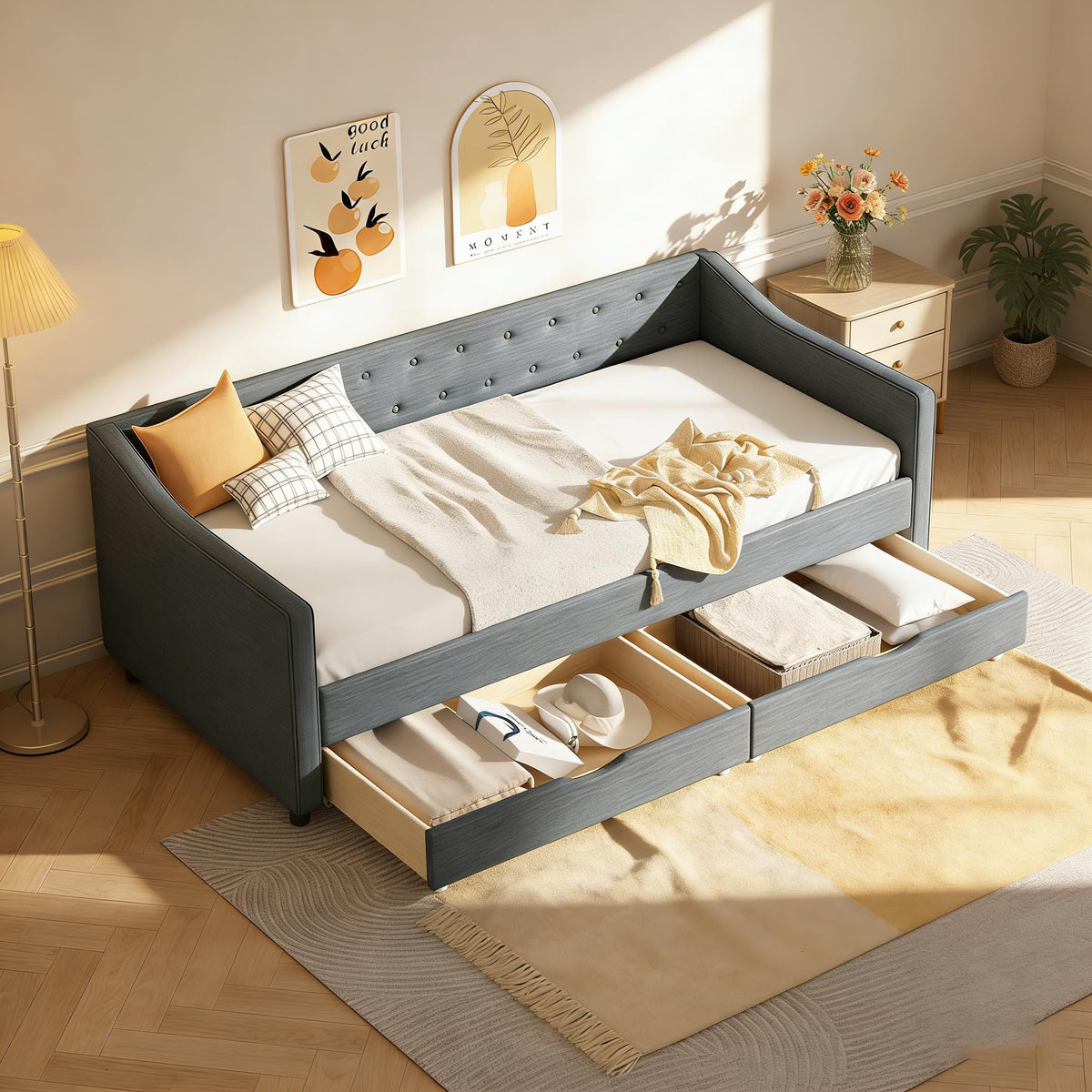 Upholstered Twin Size Daybed with Drawers Q12321