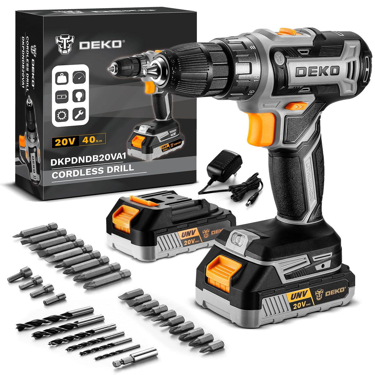 Cordless Power Drill 20V with 3/8-Inch Keyless Chuck, Variable Speed, 2 Batteries A410