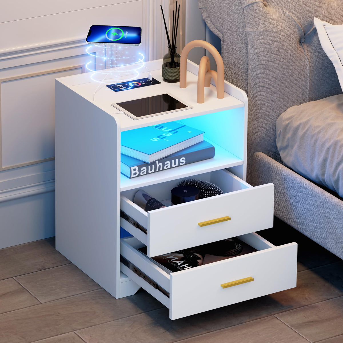 White Nightstand with Charging Station N34796