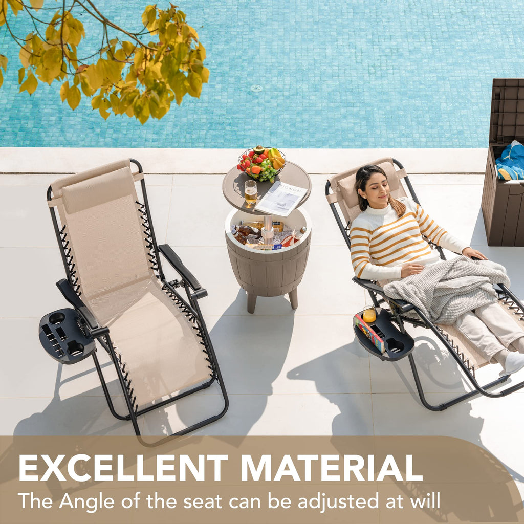 Set of 2 Beige Adjustable Steel Mesh Lounge Chairs with Cup Holder F112039
