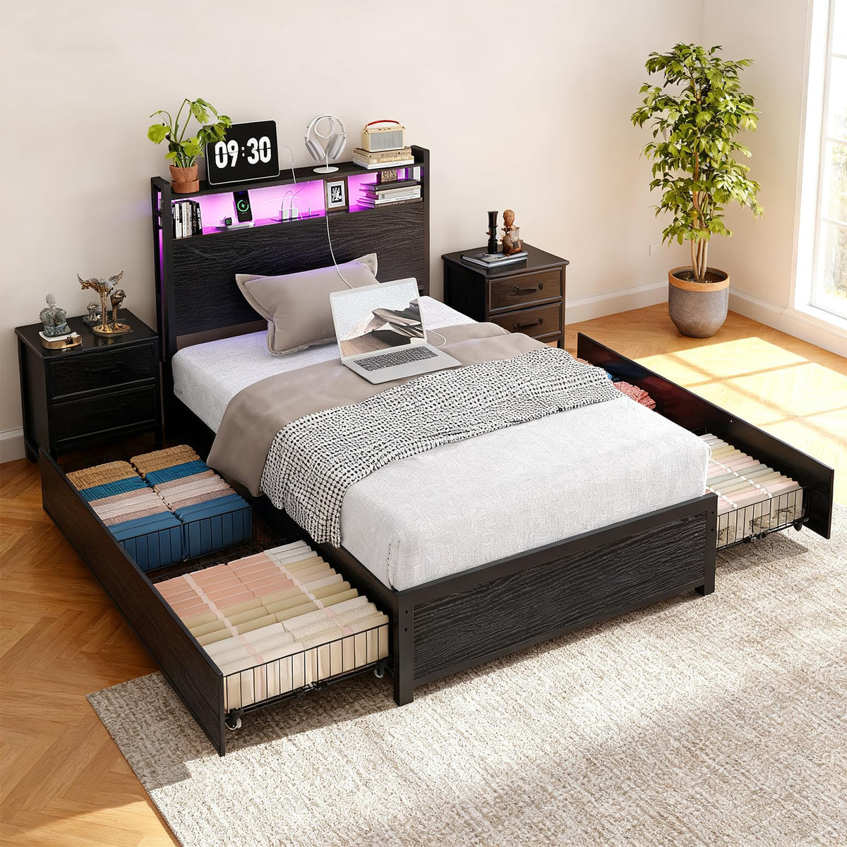 Black Twin Size Metal Bed Frame with 4 Drawers and Storage Headboard O45406