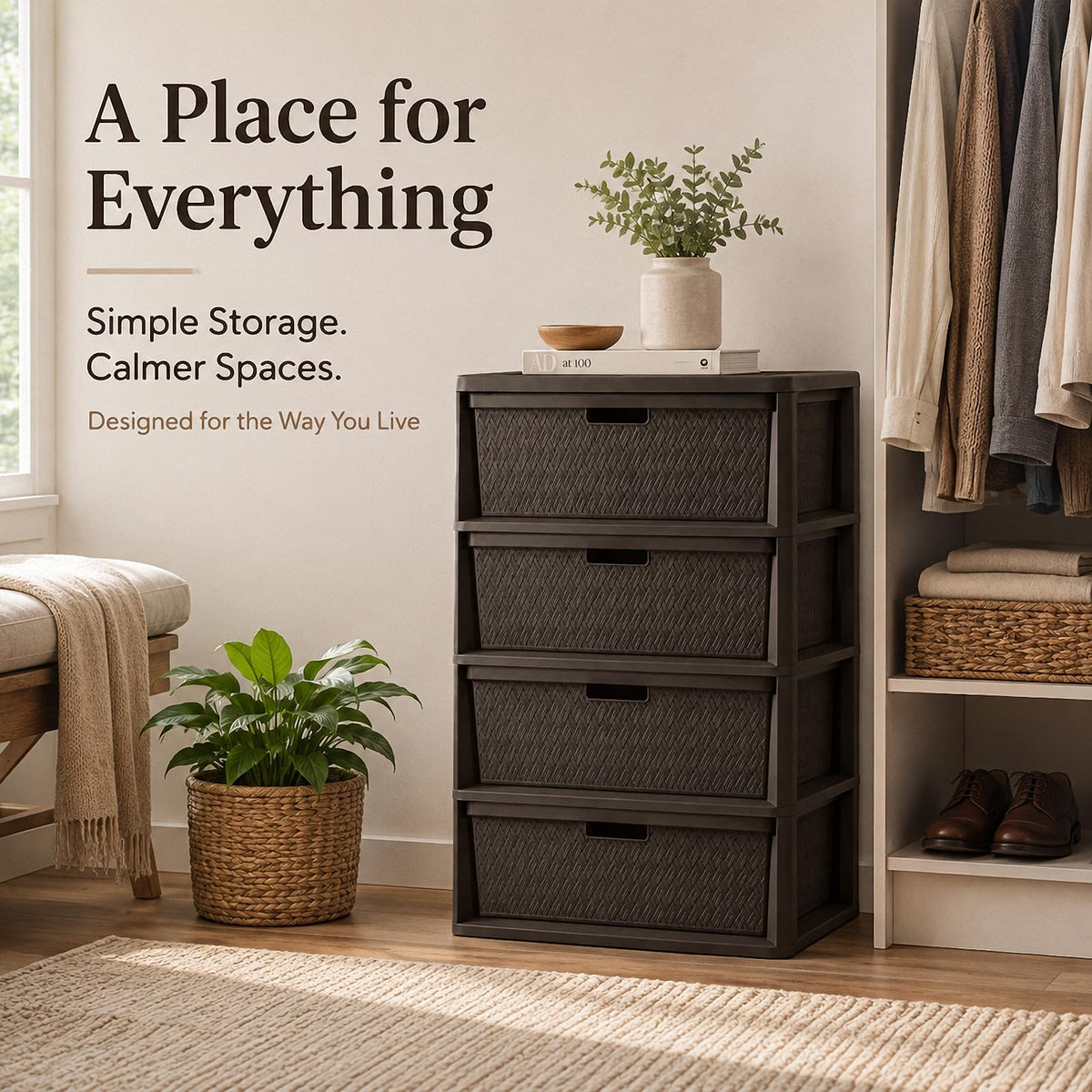 4 Drawer Plastic Storage Tower with Brown Weave Bins A999353