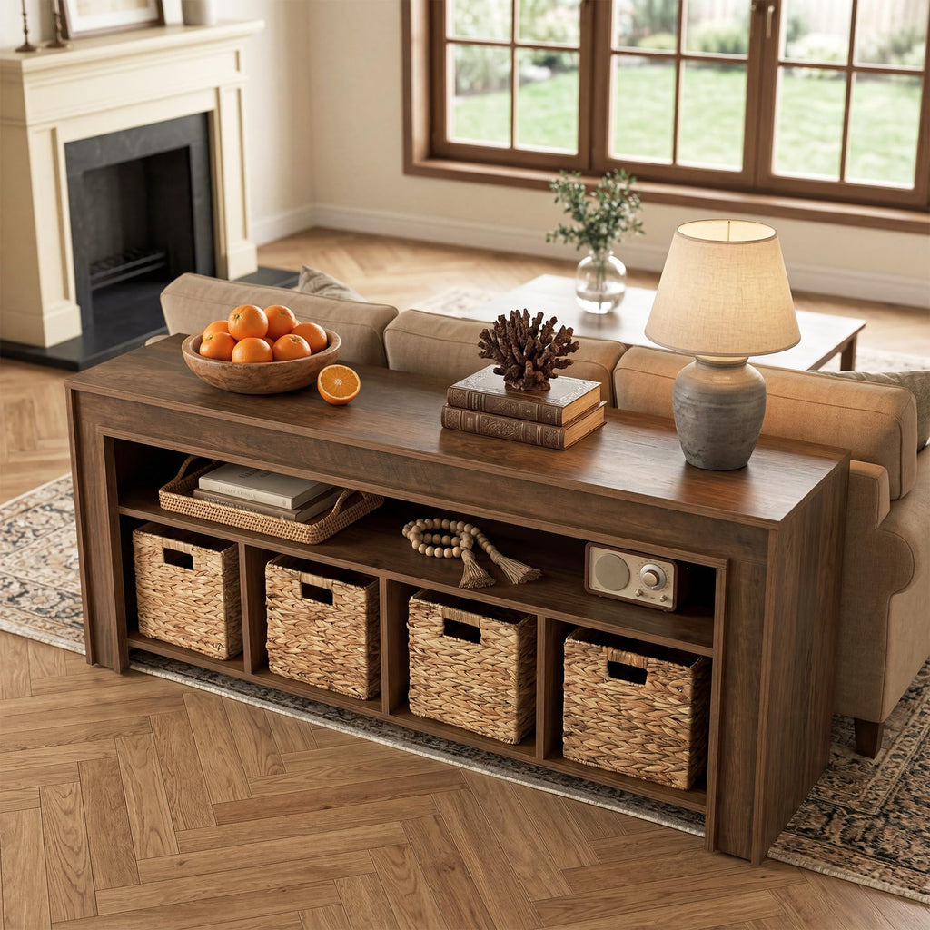 63" Wooden TV Stand with 4 Woven Baskets M39061