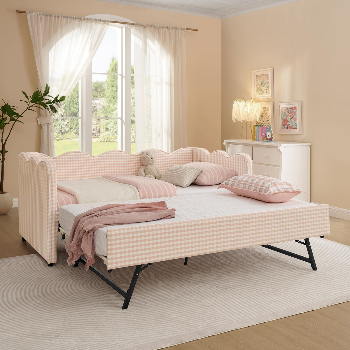 Pink Twin Size Gingham Daybed with Trundle P64833