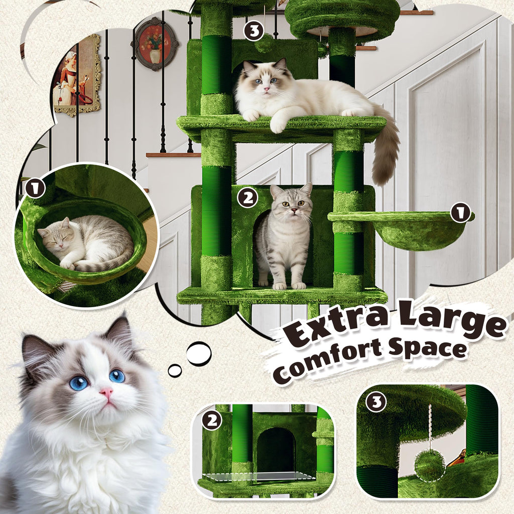 70.87" Green Multi-Level Cat Tree with Condos and Hammock B1550