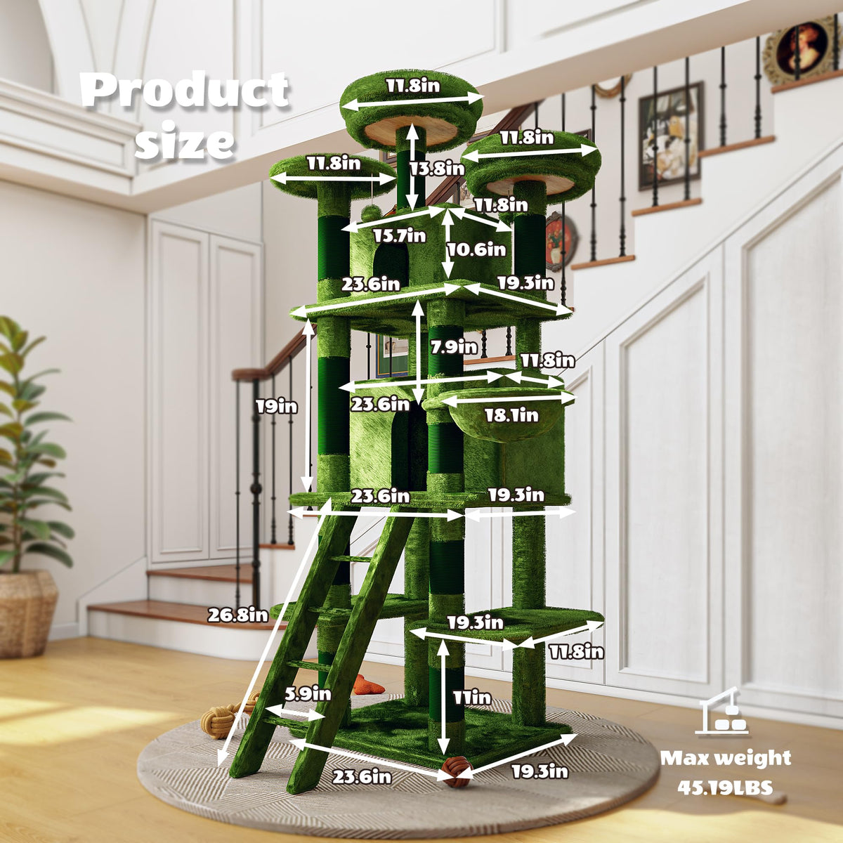 70.87" Green Multi-Level Cat Tree with Condos and Hammock B1550