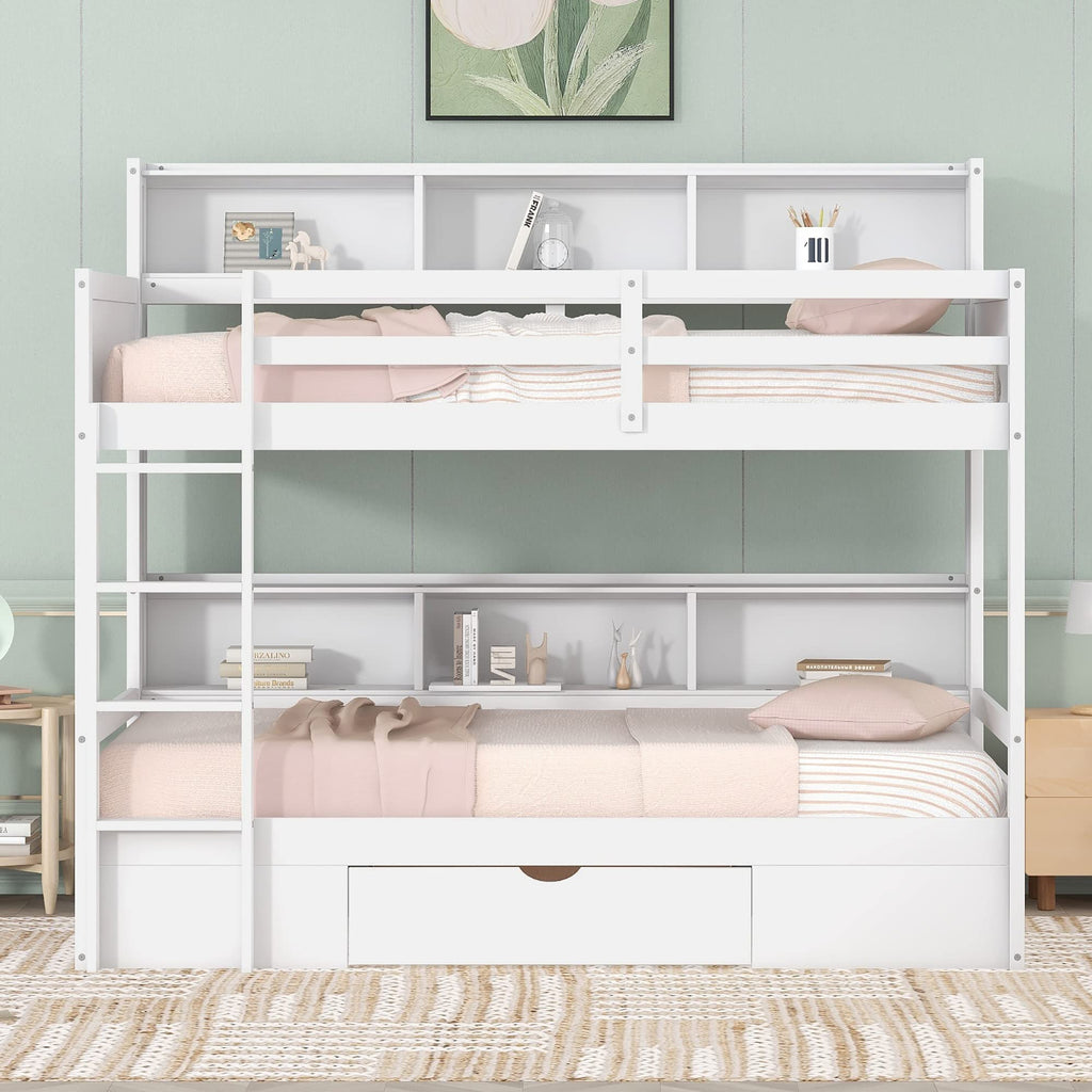 Twin Over Twin Wooden Bunk Bed with Shelves and Storage Drawer G840