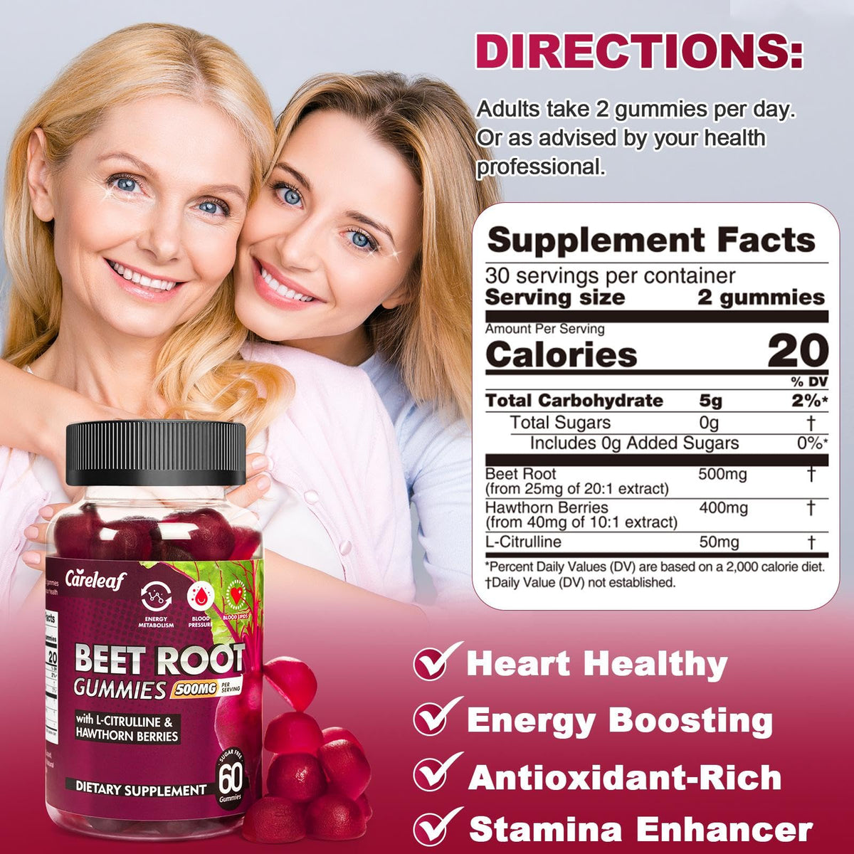 Sugar-Free Vegan Beet Root Gummies with L-Citrulline & Hawthorn Extract, 60 Count X241499